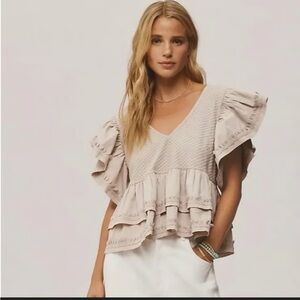 Anthropologie Beige Ruffle Sleeve Tiered Knit Top
